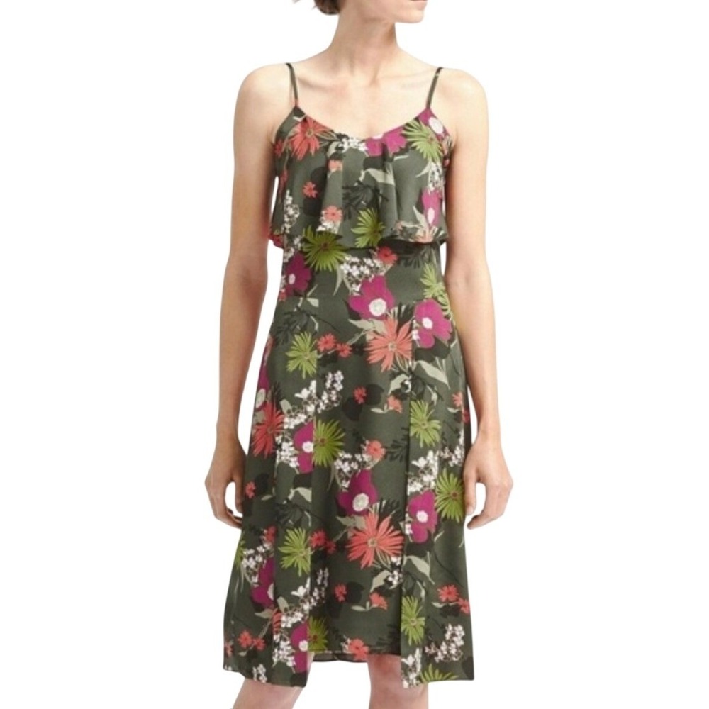 Banana Republic Dress Womens 14 Green Floral Tiered Strappy Midi Ruffle V-Neck